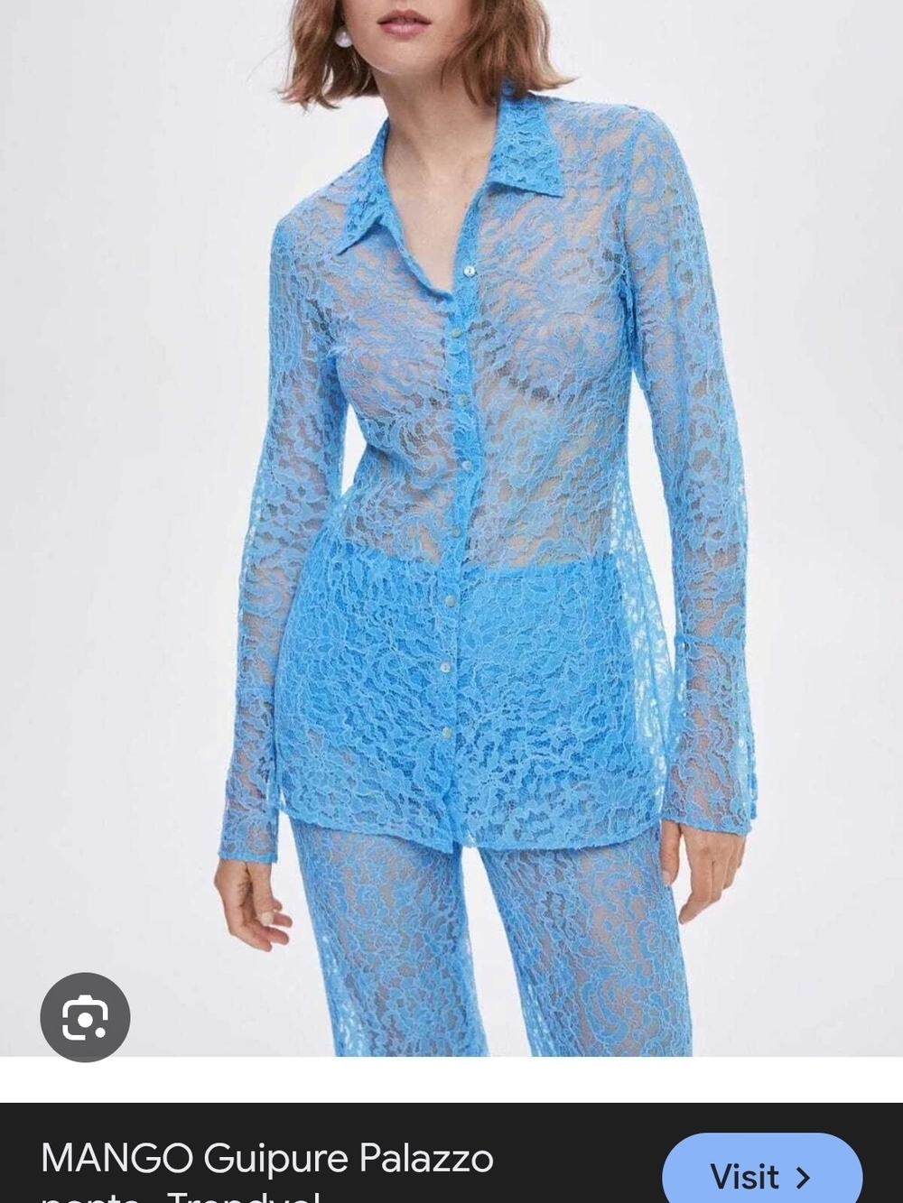 Mango Sheer Blue Guipure Lace Button-Down Shirt